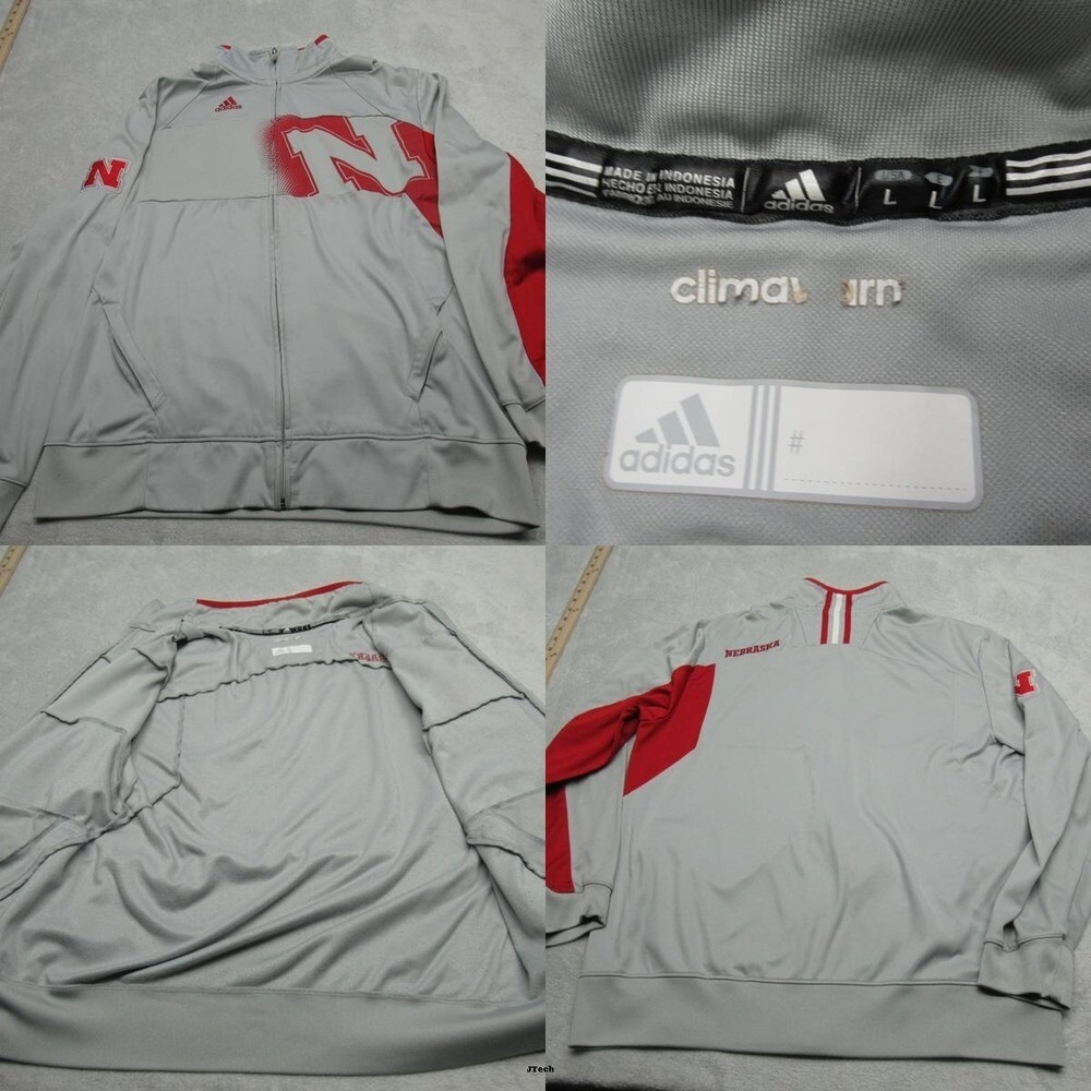 Nebraska Huskers Jacket Men Large Adidas Gray Red Full Zip Tracker Climawarm